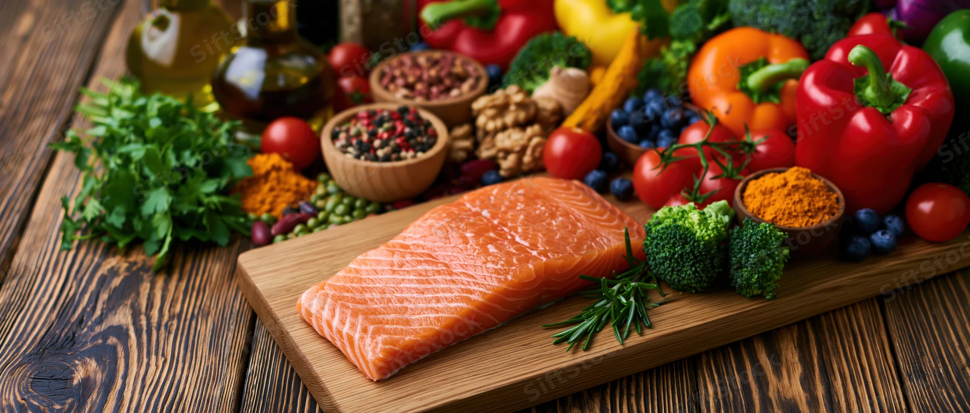 Raw salmon fillet on a wooden cutting board surrounded by fresh vegetables and herbs