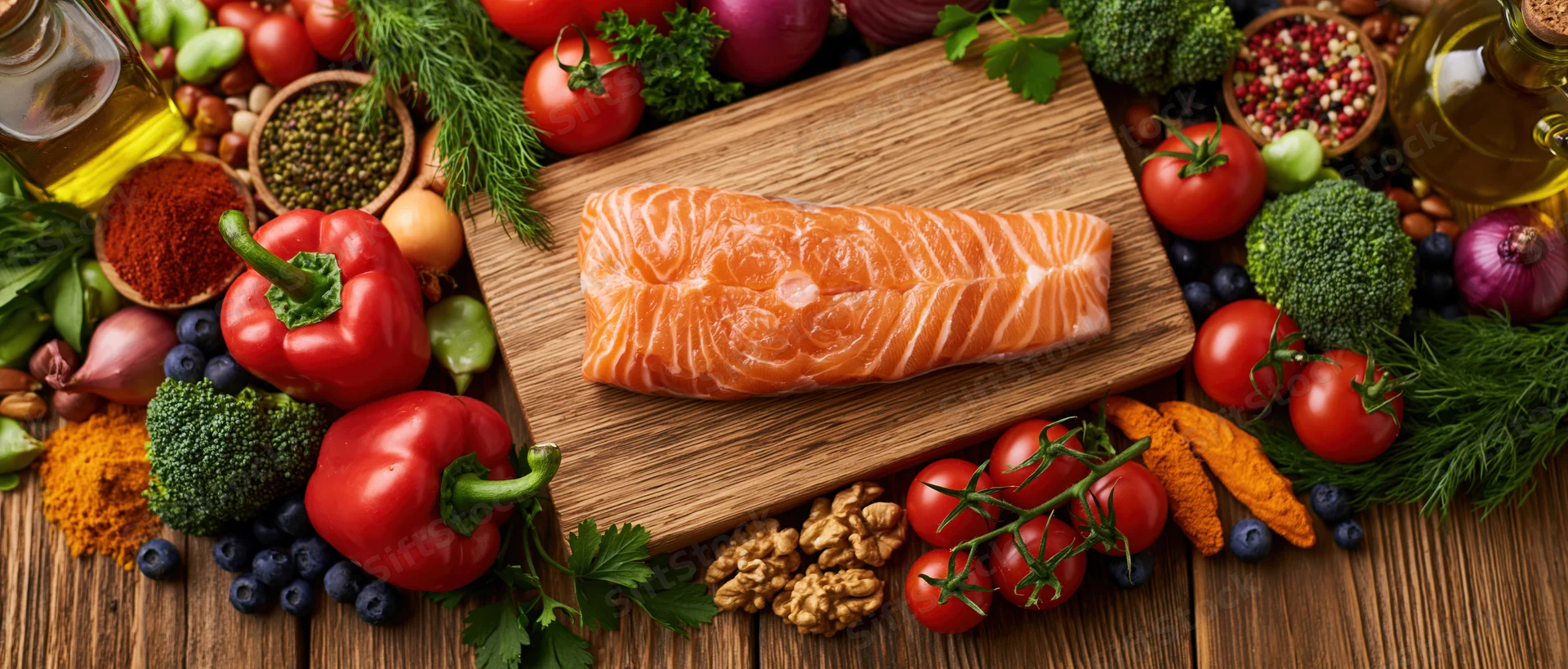 Raw salmon fillet on wooden cutting board surrounded by fresh vegetables and herbs