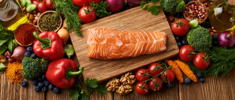 Raw salmon fillet on wooden cutting board surrounded by fresh vegetables and herbs