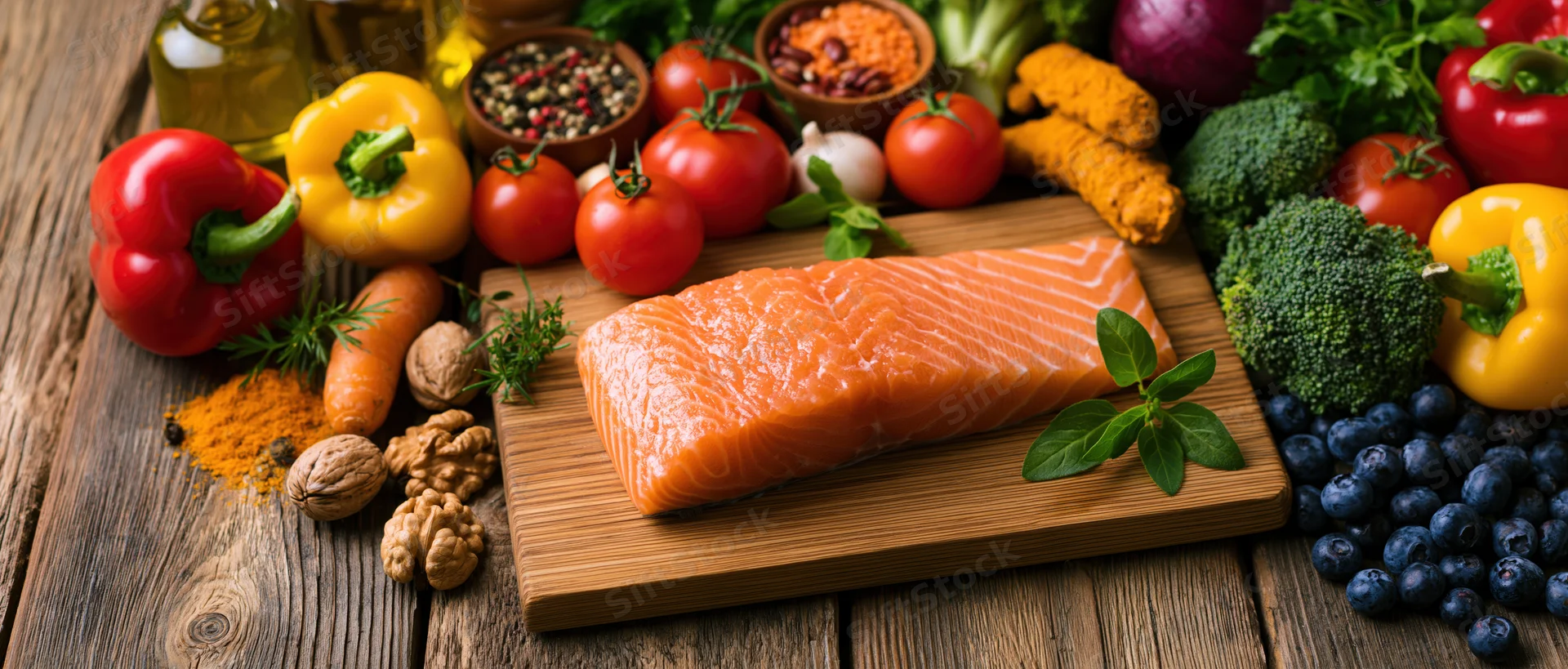 Raw salmon fillet on a wooden cutting board surrounded by fresh vegetables and herbs on a rustic table