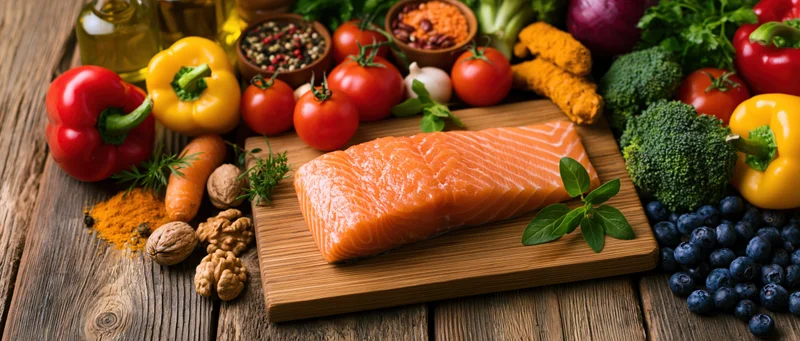 Raw salmon fillet on a wooden cutting board surrounded by fresh vegetables and herbs on a rustic table