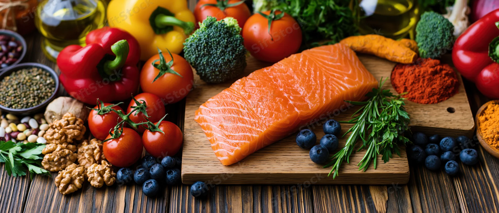 Raw salmon fillet on wooden board with vegetables herbs nuts and spices