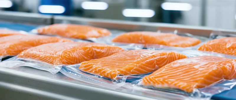 Raw salmon fillets in clear vacuum packaging on a conveyor belt in a food processing facility