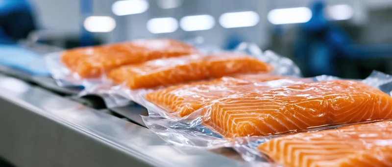 Vacuum-packed salmon fillets moving along a conveyor belt in a food processing plant