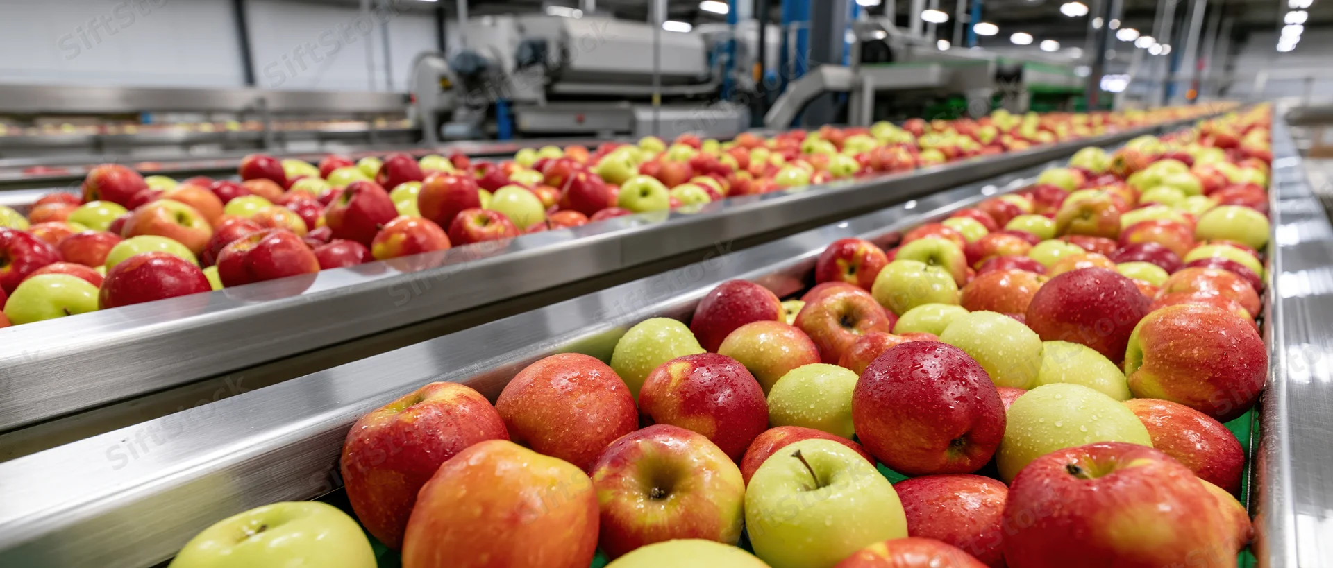 Red and green apples moving along parallel conveyor belts in a food processing factory