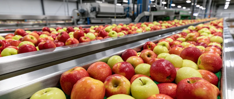 Red and green apples moving along parallel conveyor belts in a food processing factory
