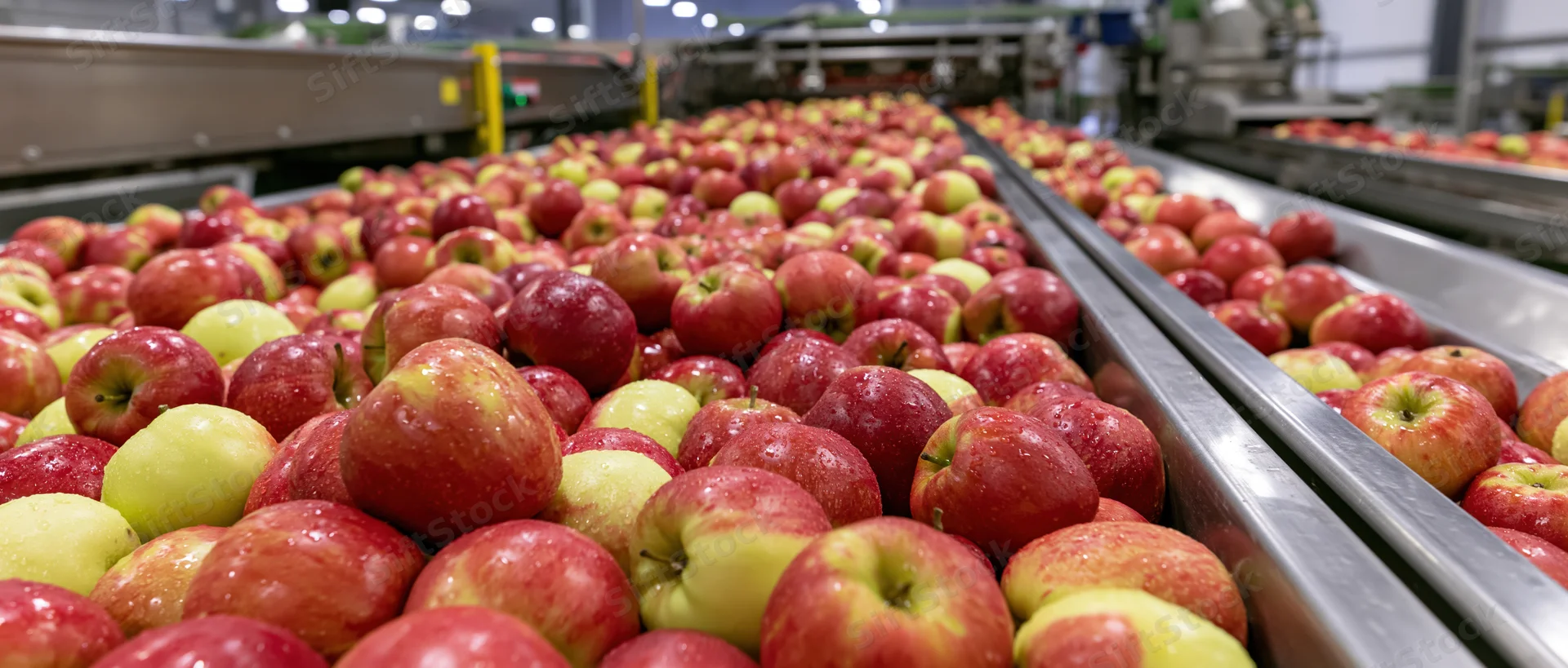 Red and yellow-green apples moving along parallel stainless steel conveyor belts in a food processing facility