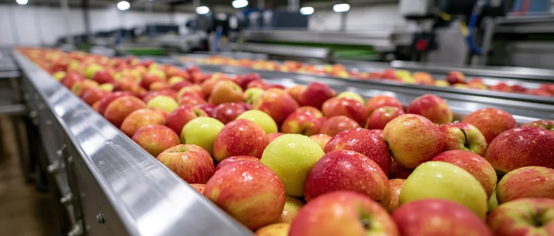 Red and yellow-green apples moving along a stainless steel conveyor belt in a food processing factory