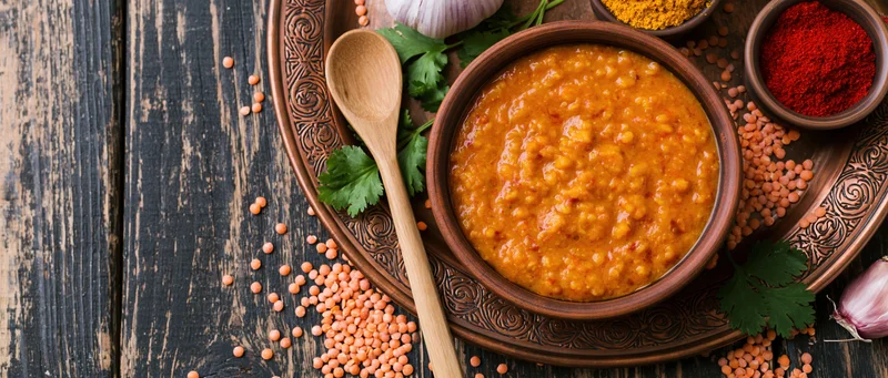 Red lentil dal in a clay bowl with wooden spoon and spices on an engraved copper tray over dark wood surface