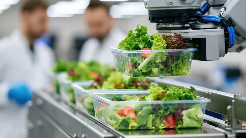 Robotic arm placing mixed green salad in plastic containers on conveyor line in food processing factory