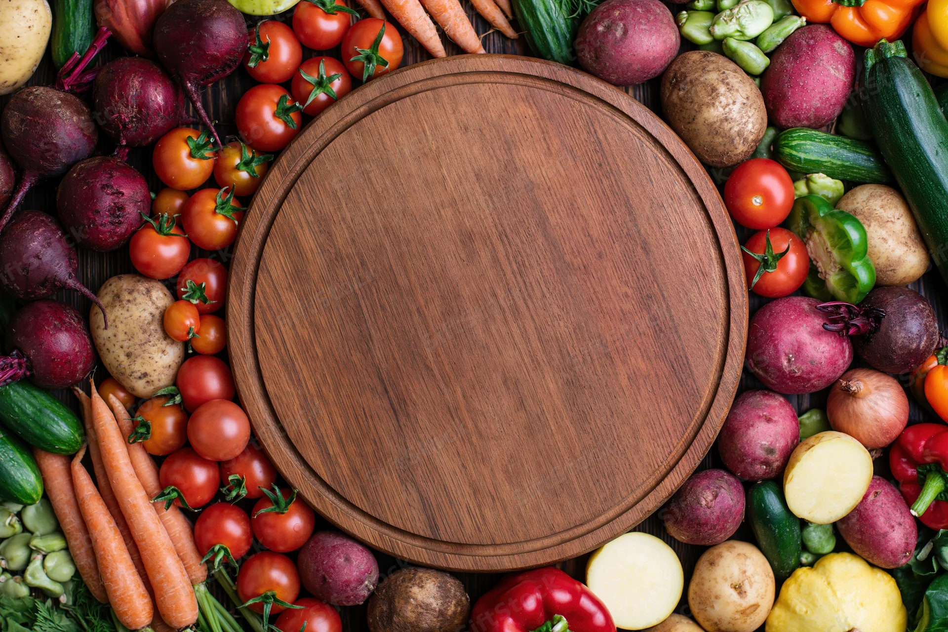 Round wooden cutting board surrounded by fresh vegetables on dark wood surface