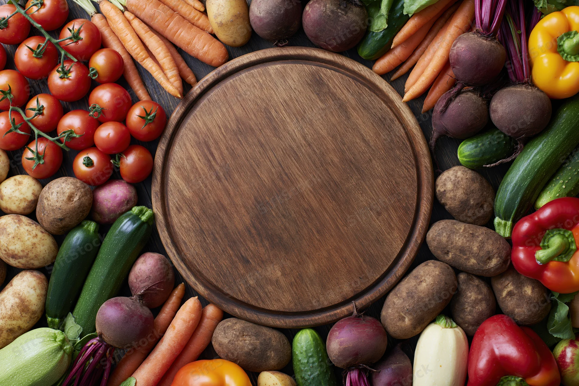 Round wooden cutting board surrounded by fresh vegetables on dark wood surface