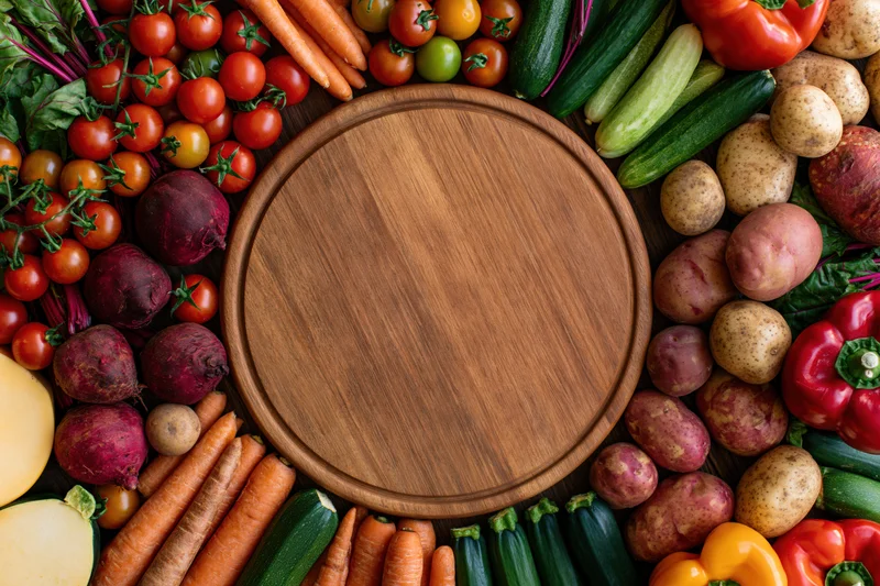 Round wooden cutting board surrounded by fresh vegetables on dark wood surface