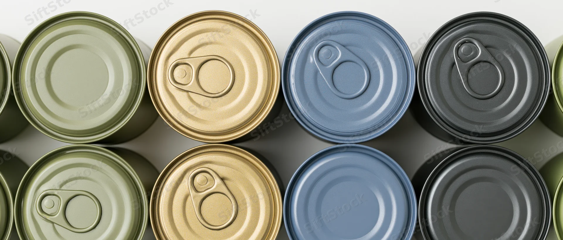 Overhead view of assorted metal food cans arranged in rows on a white surface