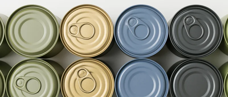 Overhead view of assorted metal food cans arranged in rows on a white surface