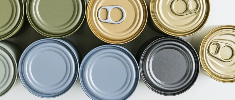 Assorted metal food cans arranged in rows viewed from directly above on a white surface