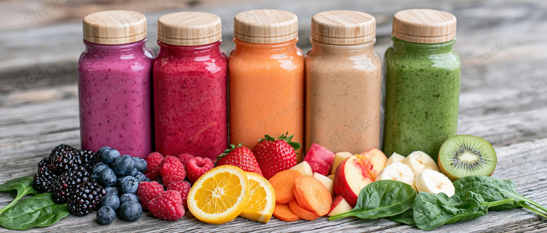 Five colorful smoothies in glass bottles with bamboo lids arranged on a rustic wooden table surrounded by fresh fruits and vegetables