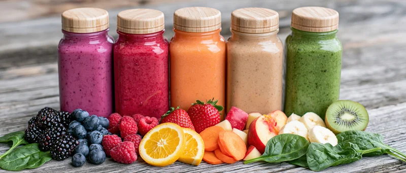 Five colorful smoothies in glass bottles with bamboo lids arranged on a rustic wooden table surrounded by fresh fruits and vegetables