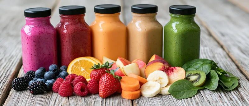 Five colorful smoothie bottles lined up with fresh fruits and vegetables on a wooden table