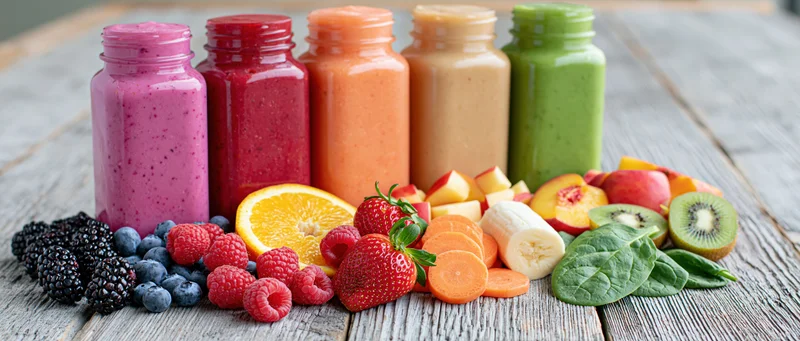 Five colorful smoothie bottles lined up on a wooden table surrounded by fresh fruits and vegetables