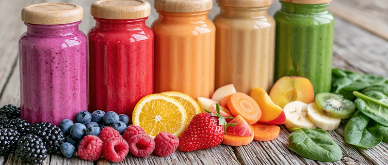 Five colorful smoothies in glass bottles with wooden lids arranged on a wooden surface surrounded by fresh fruits and vegetables