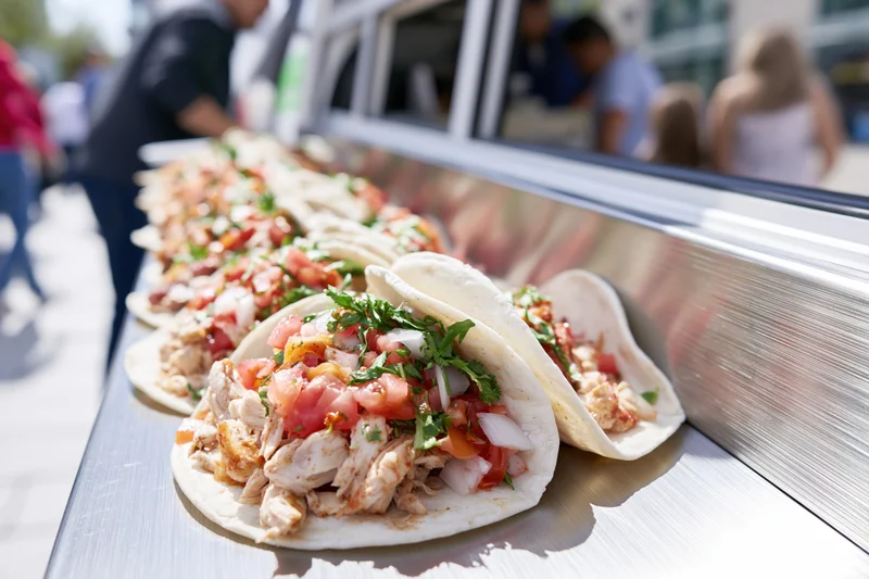Row of street tacos with chicken and pico de gallo on a metal food truck counter outdoors