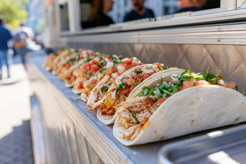 Row of street tacos with chicken and fresh toppings lined up on a metal food truck counter