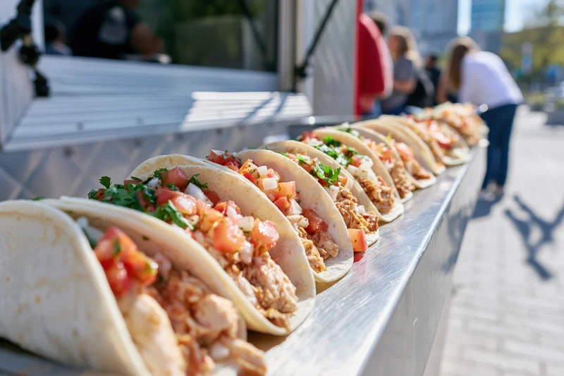 Row of street tacos with chicken and pico de gallo on metal tray at outdoor food truck