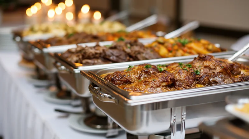 Row of stainless steel chafing dishes filled with cooked meat and vegetables on a banquet table with candles in the background