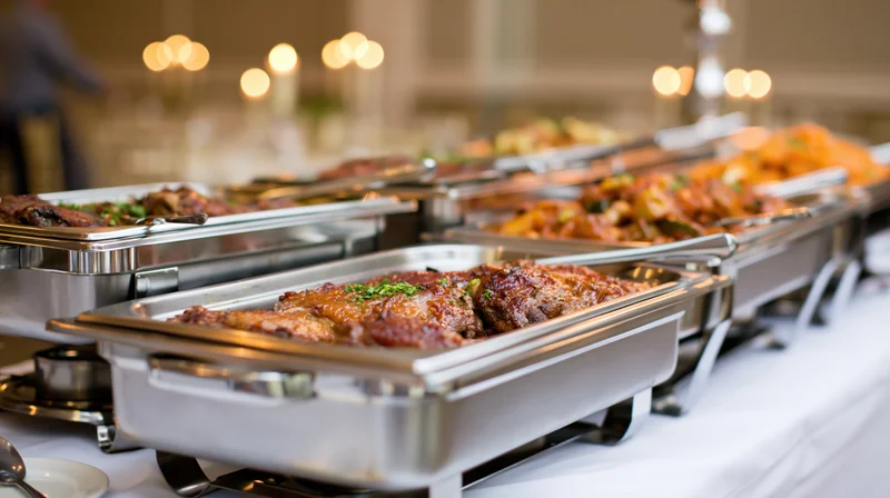 Row of stainless steel chafing dishes filled with cooked meat and garnishes on a banquet table under warm lighting