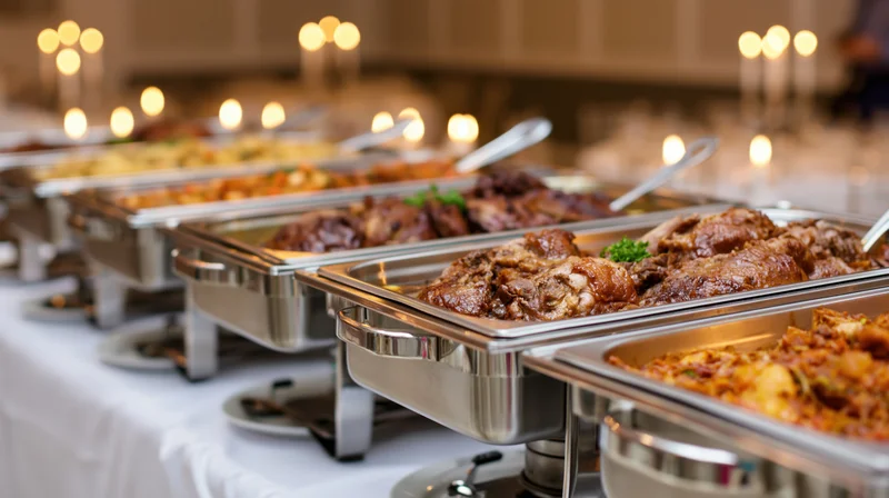 Row of stainless steel chafing dishes filled with roasted meat and side dishes on a banquet table with candles and white linen