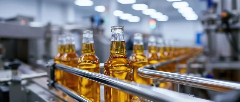 Amber beer bottles moving along a stainless steel conveyor in a brewery production line