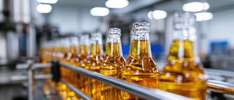 Amber beer bottles moving along a stainless steel conveyor in a brewery production line