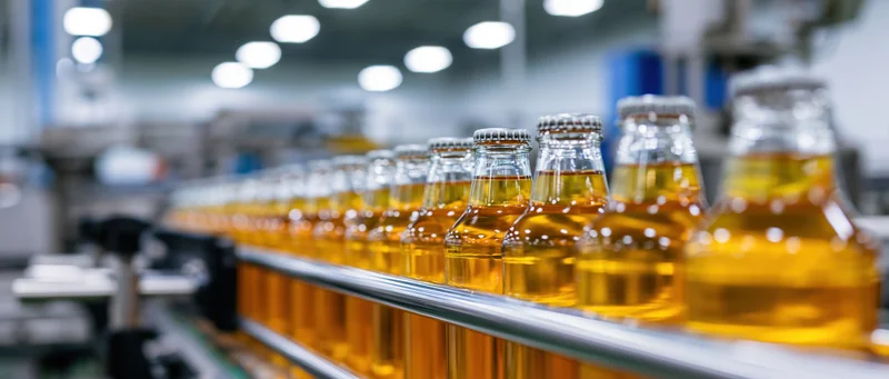 Amber beer bottles moving along a conveyor in a brewery production line