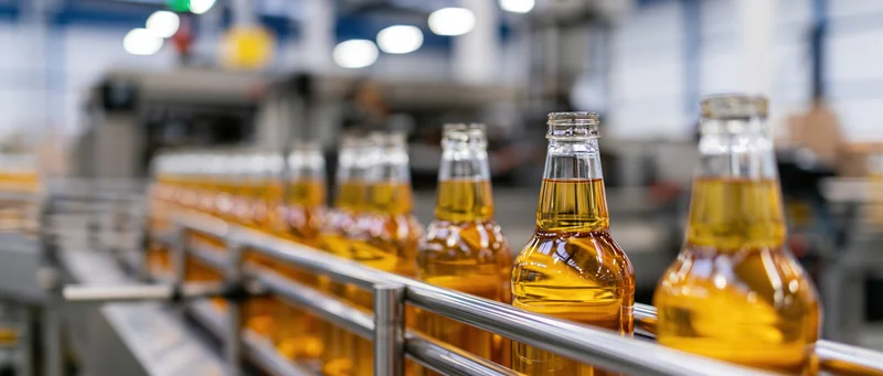 Amber beer bottles moving along a stainless steel conveyor in a brewery production line