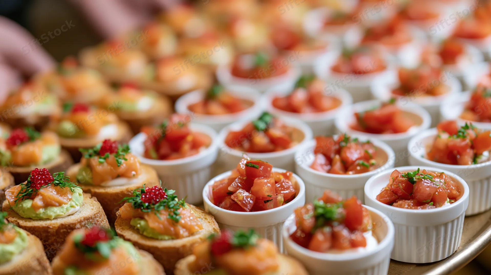Rows of small appetizers including salmon canapes and tomato ramekins on a serving tray