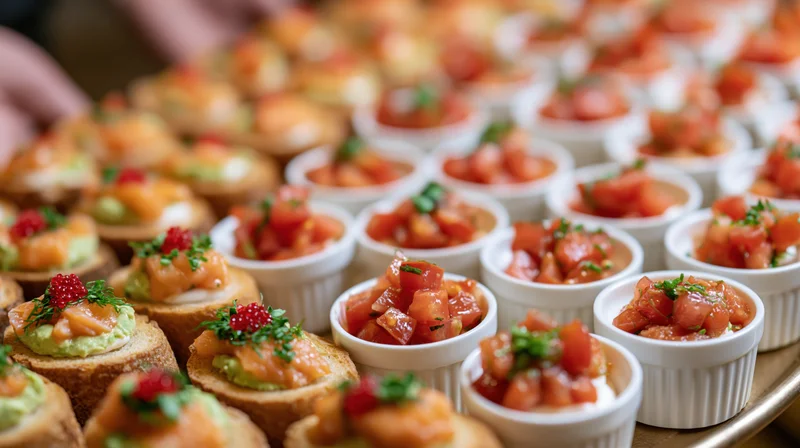 Rows of small appetizers including salmon canapes and tomato ramekins on a serving tray