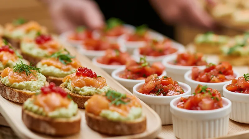 Rows of salmon and avocado canapes with tomato ramekins on wooden tray