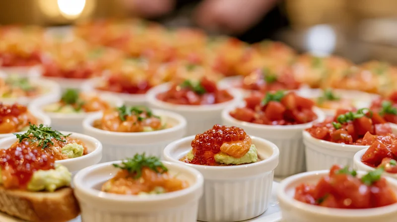 Rows of small white ramekins filled with colorful appetizers arranged on a table for a party event