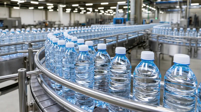 Clear plastic water bottles moving along curved conveyor in factory production line