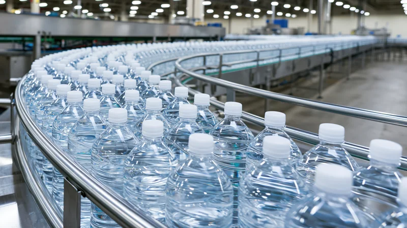 Clear plastic water bottles moving along a curved conveyor in a factory interior