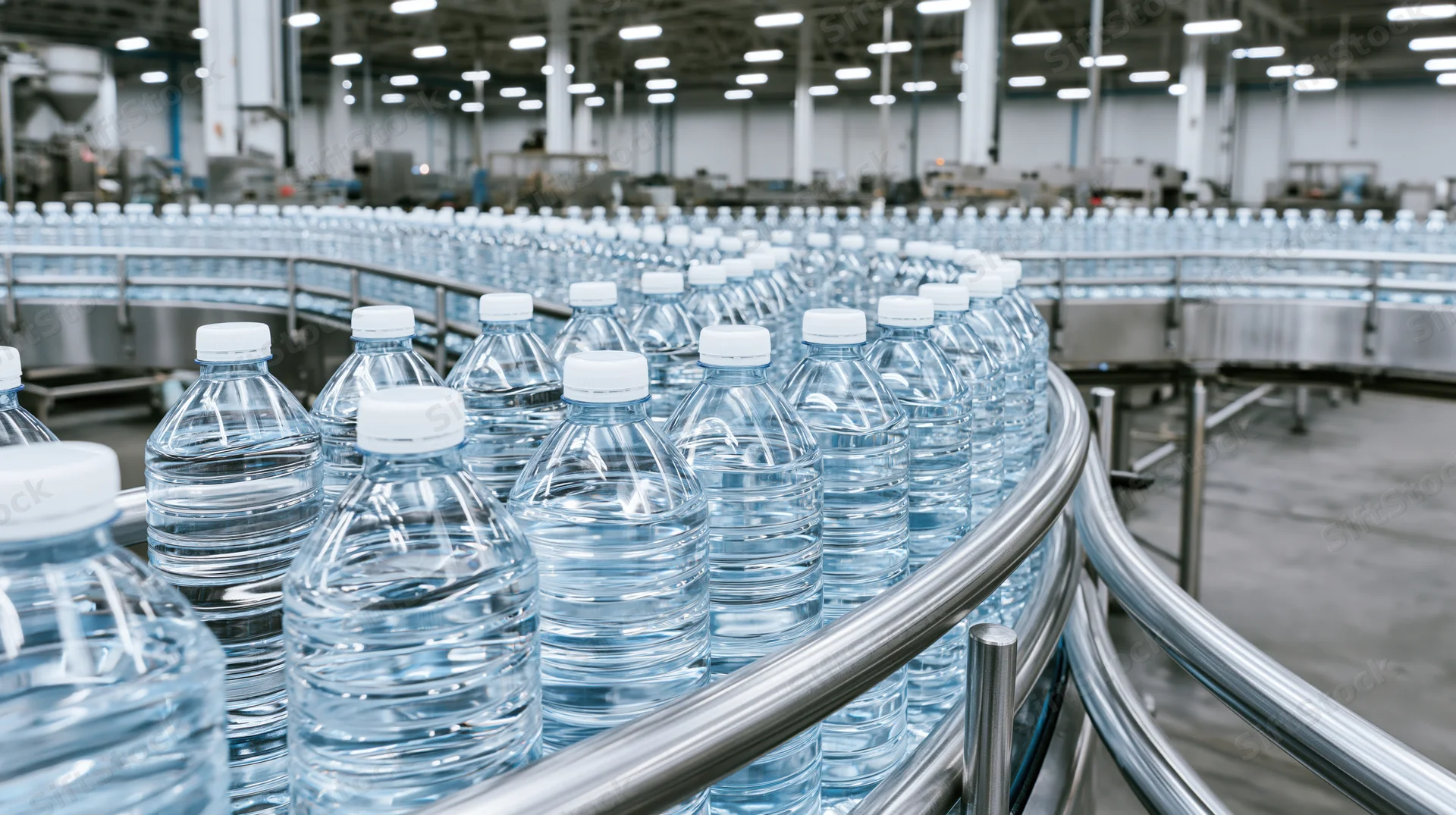 Clear plastic water bottles moving along a curved conveyor in a factory