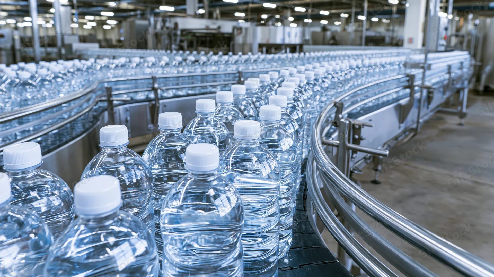 Clear plastic water bottles moving along a curved conveyor in a factory production line