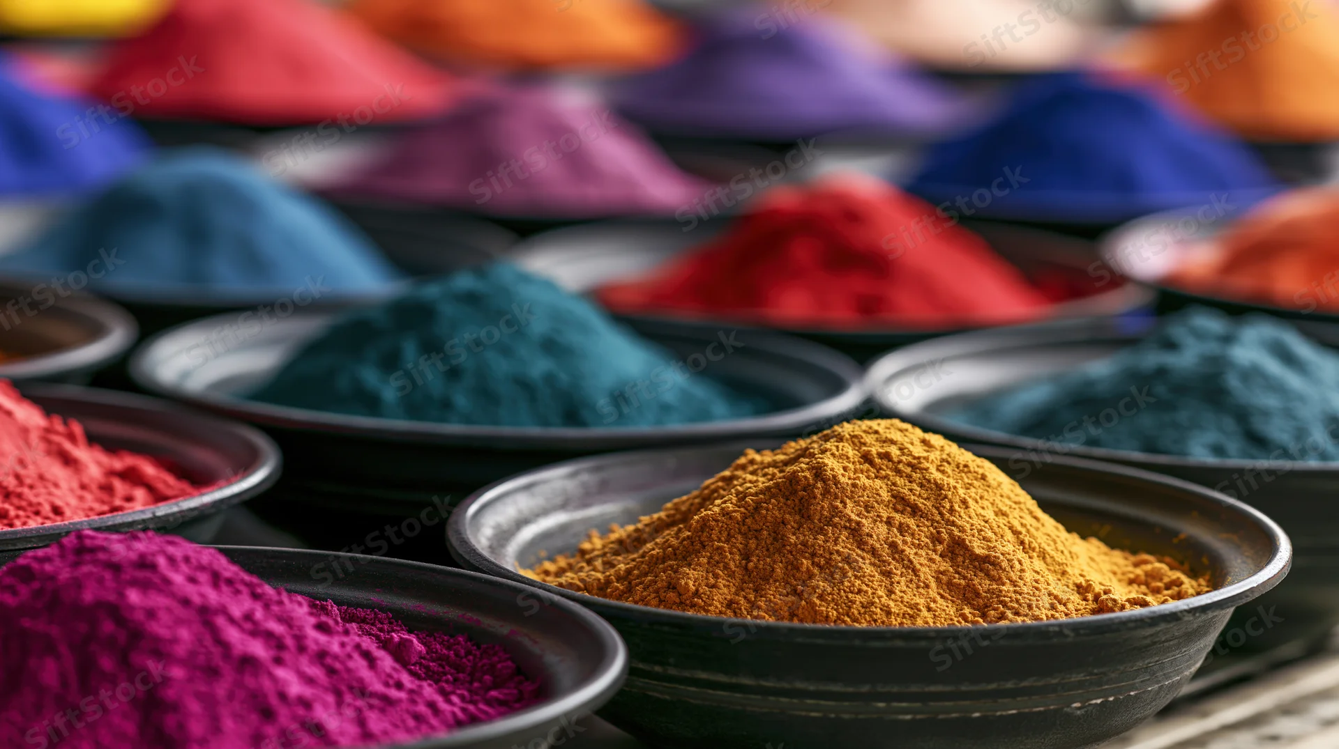 Rows of dark shallow bowls filled with mounded holi color powders arranged in a vibrant display