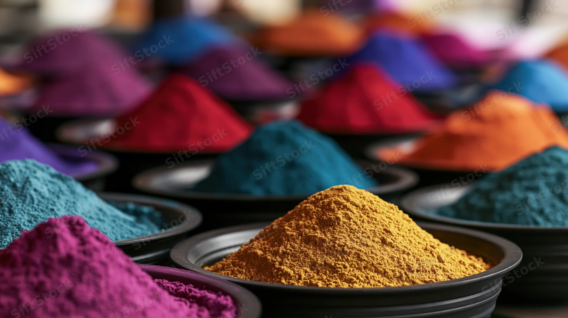 Rows of dark shallow bowls filled with mounded holi color powders arranged in a vibrant display