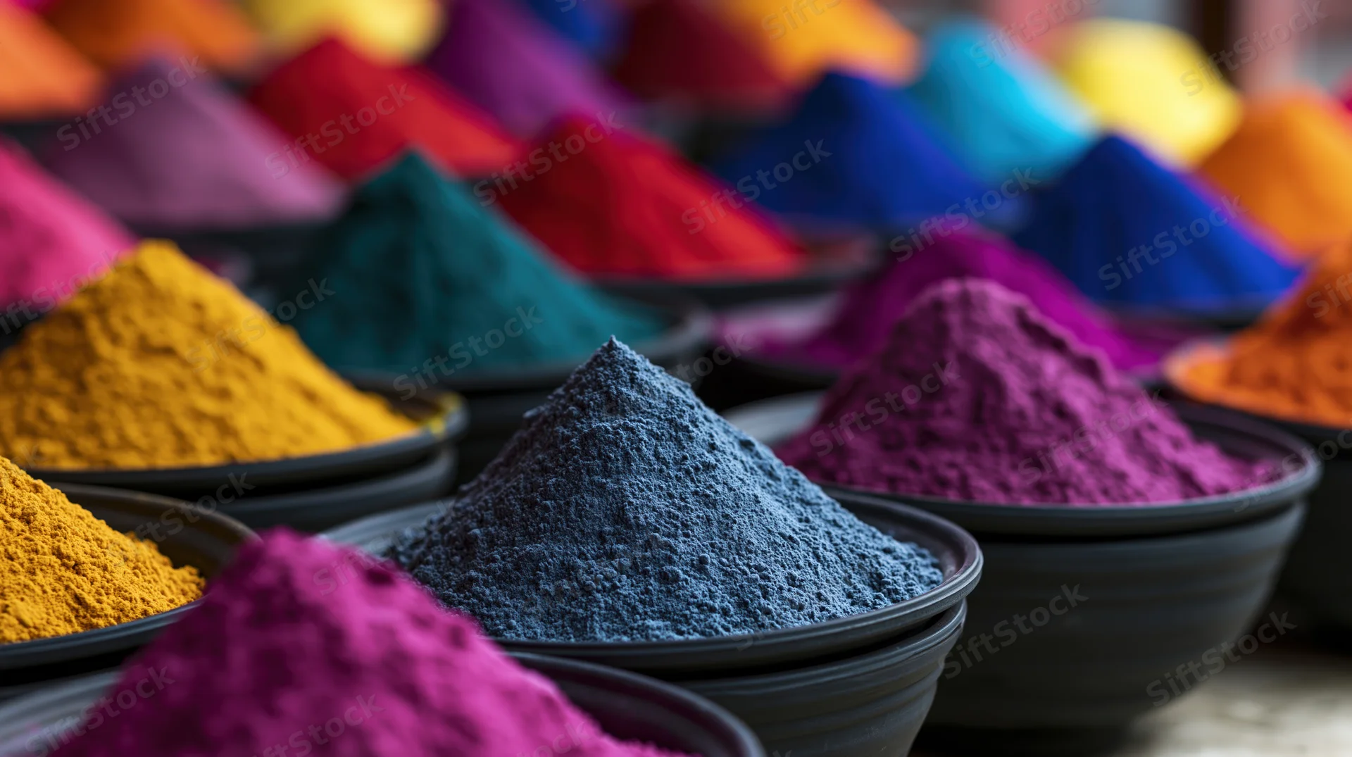 Rows of dark shallow bowls filled with mounded holi color powders arranged in vibrant rainbow pattern