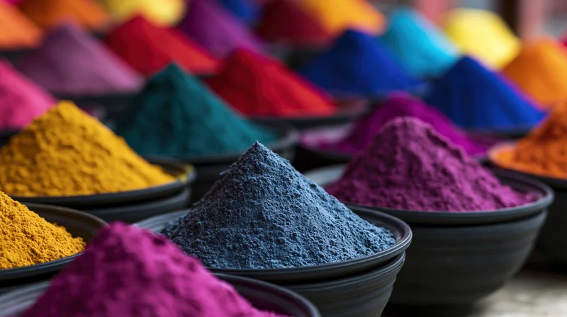 Rows of dark shallow bowls filled with mounded holi color powders arranged in vibrant rainbow pattern