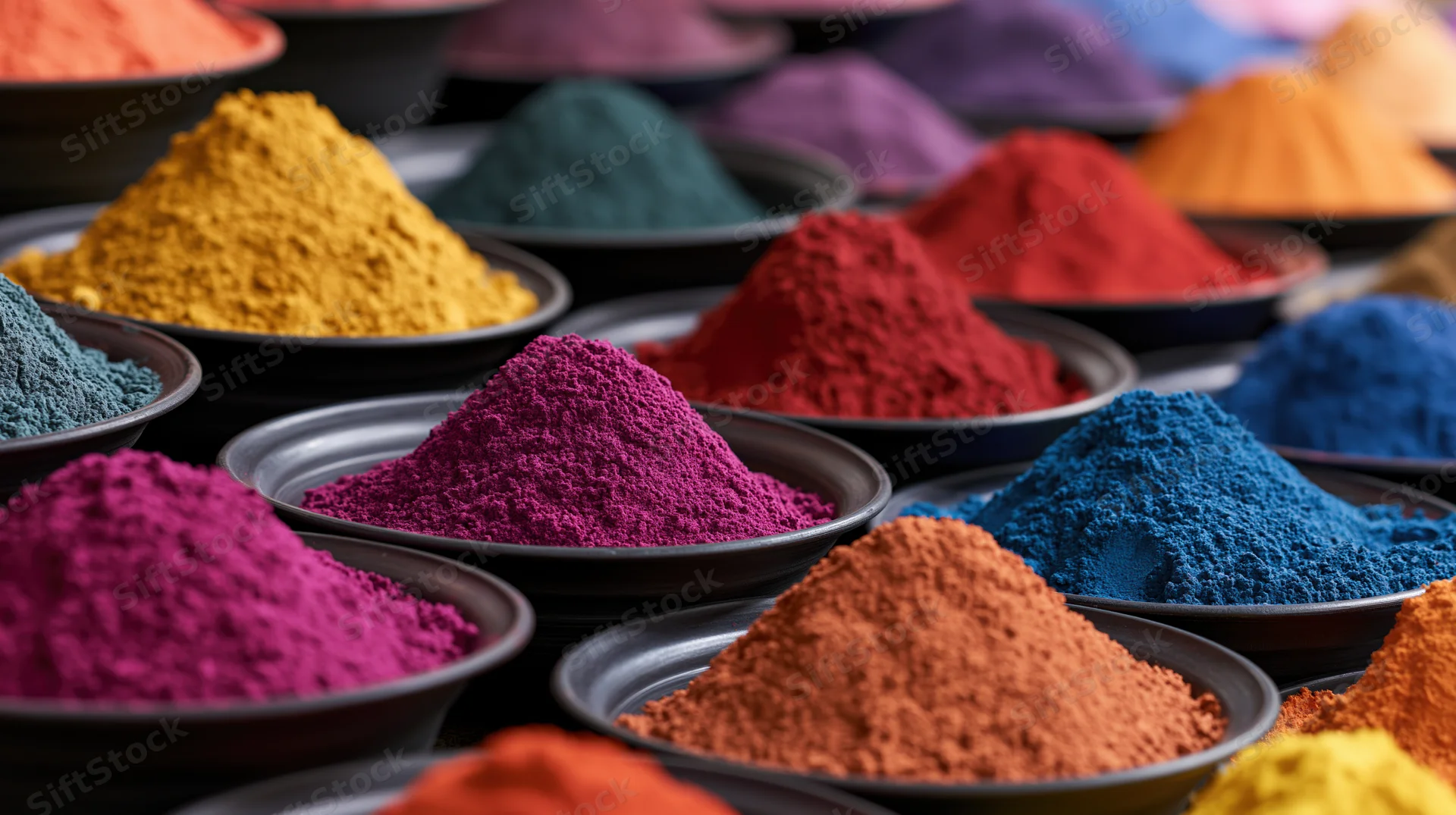 Rows of dark shallow bowls filled with mounded holi color powders arranged in vibrant multicolor display