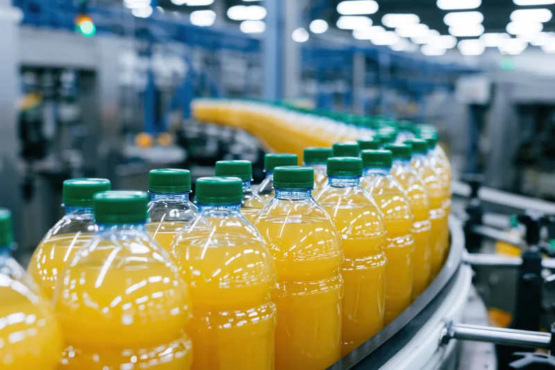 Orange juice bottles moving along conveyor in factory production line