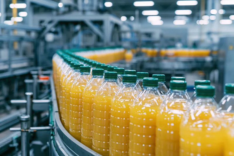 Rows of filled plastic bottles with green caps moving along a conveyor in a factory
